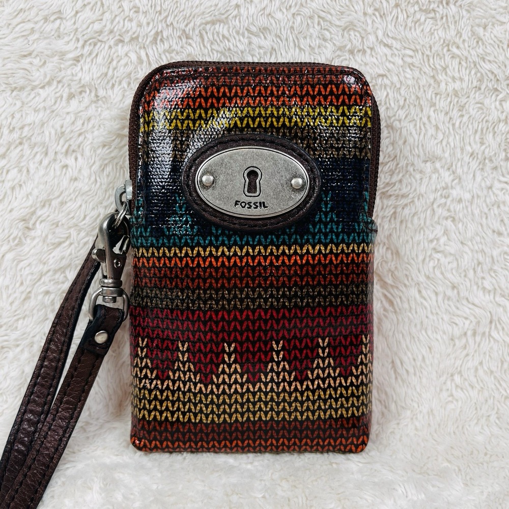 FOSSIL Keyper Wristlet Wallet Top Zip‎ Closure Coated Canvas Pouch Striped